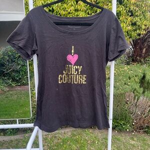 Juicy Couture Black Tee with Pink Heart & Gold Logo Text